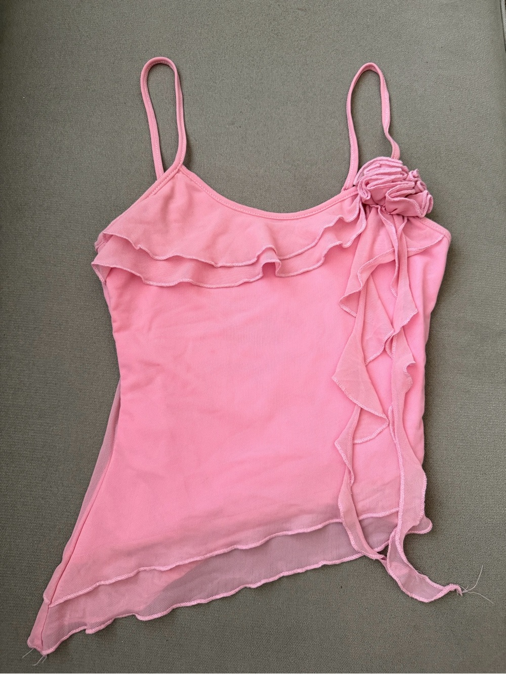 Pink Ruffle Asymmetric Camisole with Rosette